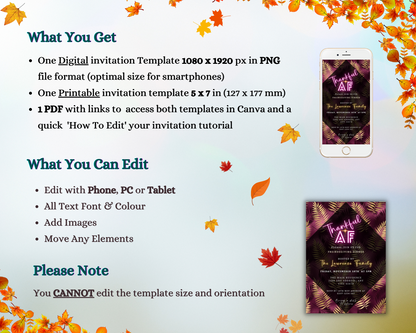 Thankful AF Purple Gold leaves Background Thanksgiving Dinner Evite displayed on a smartphone screen beside a matching printable invitation.