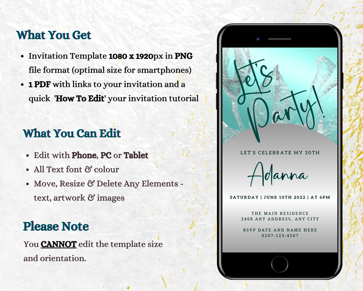 Elegant Teal Silver Customisable Party Evite displayed on a smartphone screen with editable event details.