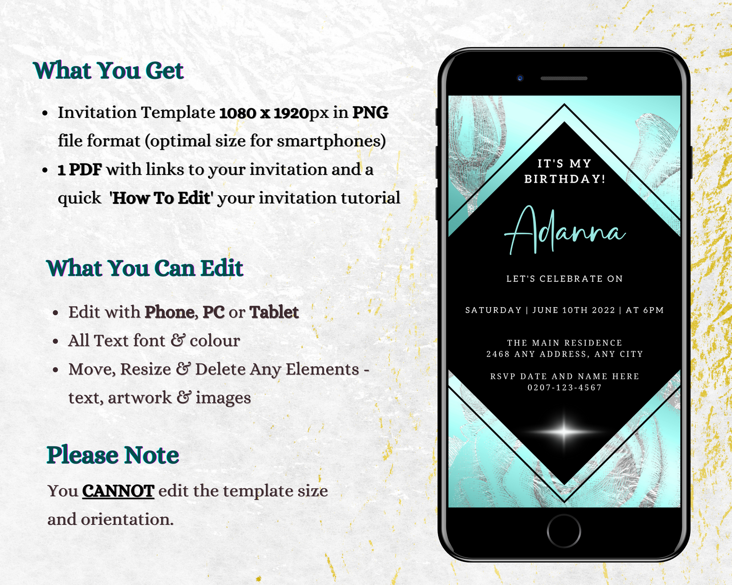 Customizable digital birthday evite featuring teal, black, and silver floral design displayed on a smartphone screen, with editable text and invitation details visible.