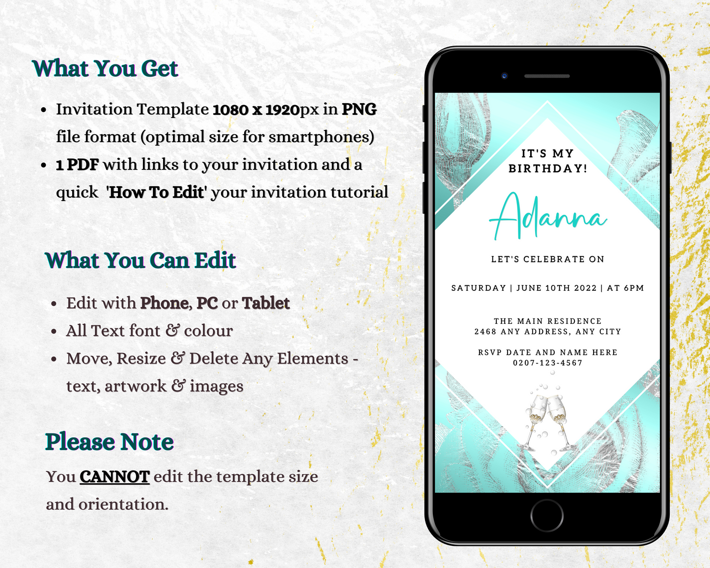 Teal White Silver Floral Customisable Birthday Evite displayed on a smartphone screen, showcasing editable text for personalizing event details using Canva.