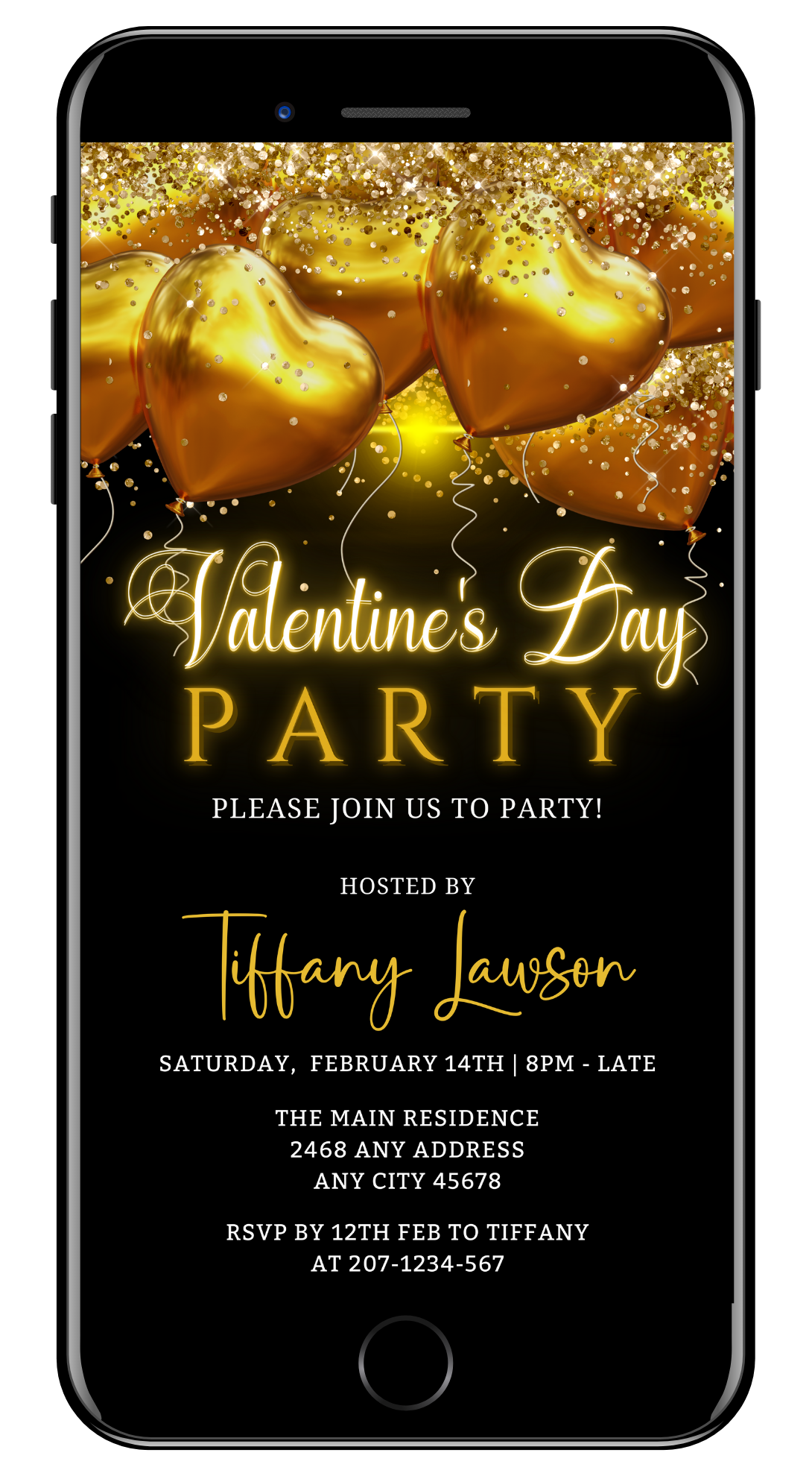 Neon Golden Heart Balloons | Valentines Party Evite with editable text, gold balloons, and glitter hearts for a customizable digital invitation via Canva.