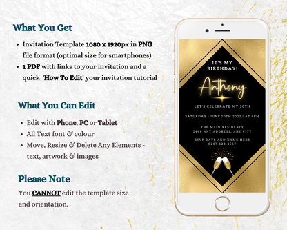 Gold Black Champagne Birthday Party Evite displayed on a smartphone, featuring an editable digital invitation template for personalizing and sharing via various messaging platforms.