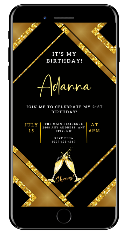 Gold Black Glitter Champagne Editable Party Evite featuring customizable text and champagne glasses, perfect for electronic sharing via WhatsApp, Email, and Social Media.