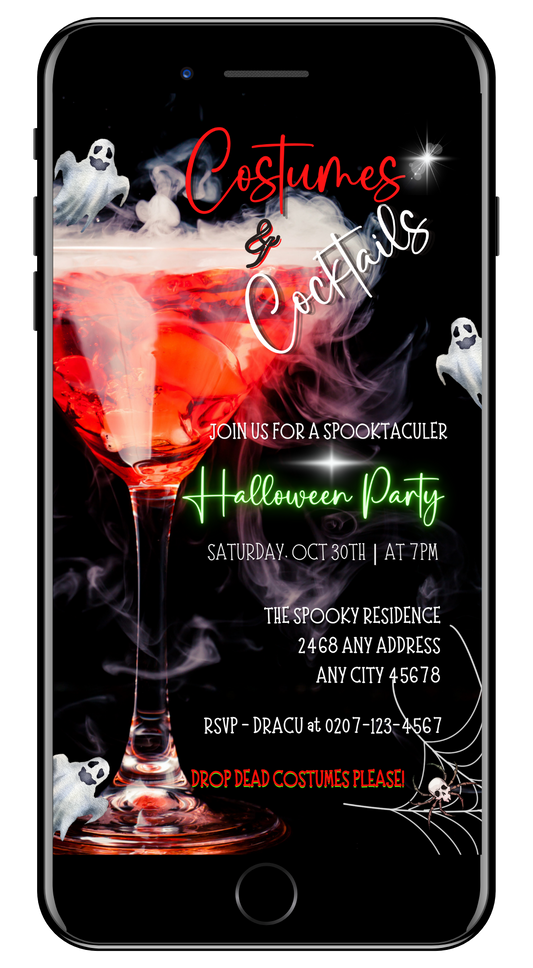 Halloween evite template showing a phone screen with a drink and ghost-themed elements, customizable via Canva for personal use.
