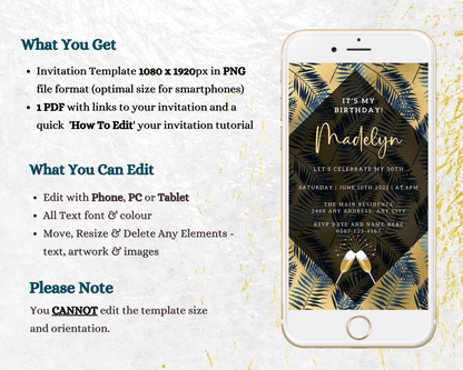 Gold Blue Tropical Leaf Birthday Party Evite displayed on a smartphone screen, featuring editable text and black leaf design elements for DIY customization via Canva.