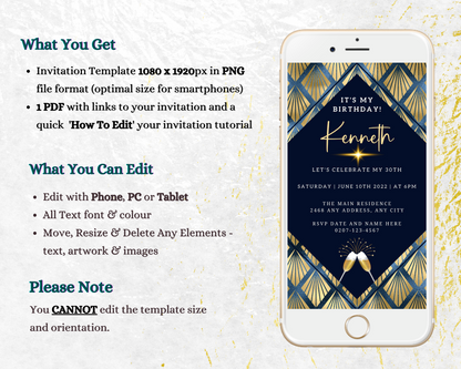 Gold Blue Diamond Art Birthday Party Evite displayed on a smartphone, showcasing editable invitation template with customizable text, ideal for digital sharing via Canva.