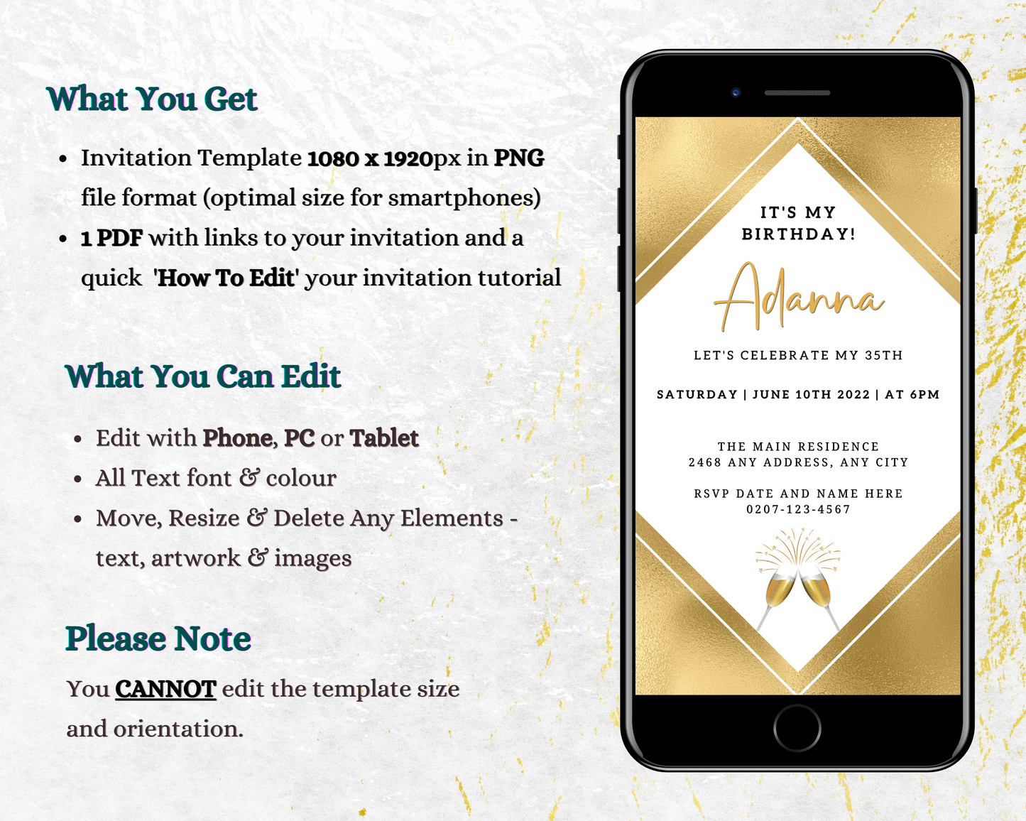 Customizable Gold White Champagne Birthday Party Evite displayed on a smartphone, featuring editable text and design elements for easy personalization via Canva.