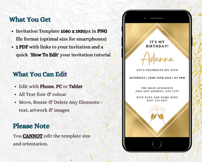 Customizable Gold White Champagne Birthday Party Evite displayed on a smartphone, featuring editable text and design elements for easy personalization via Canva.