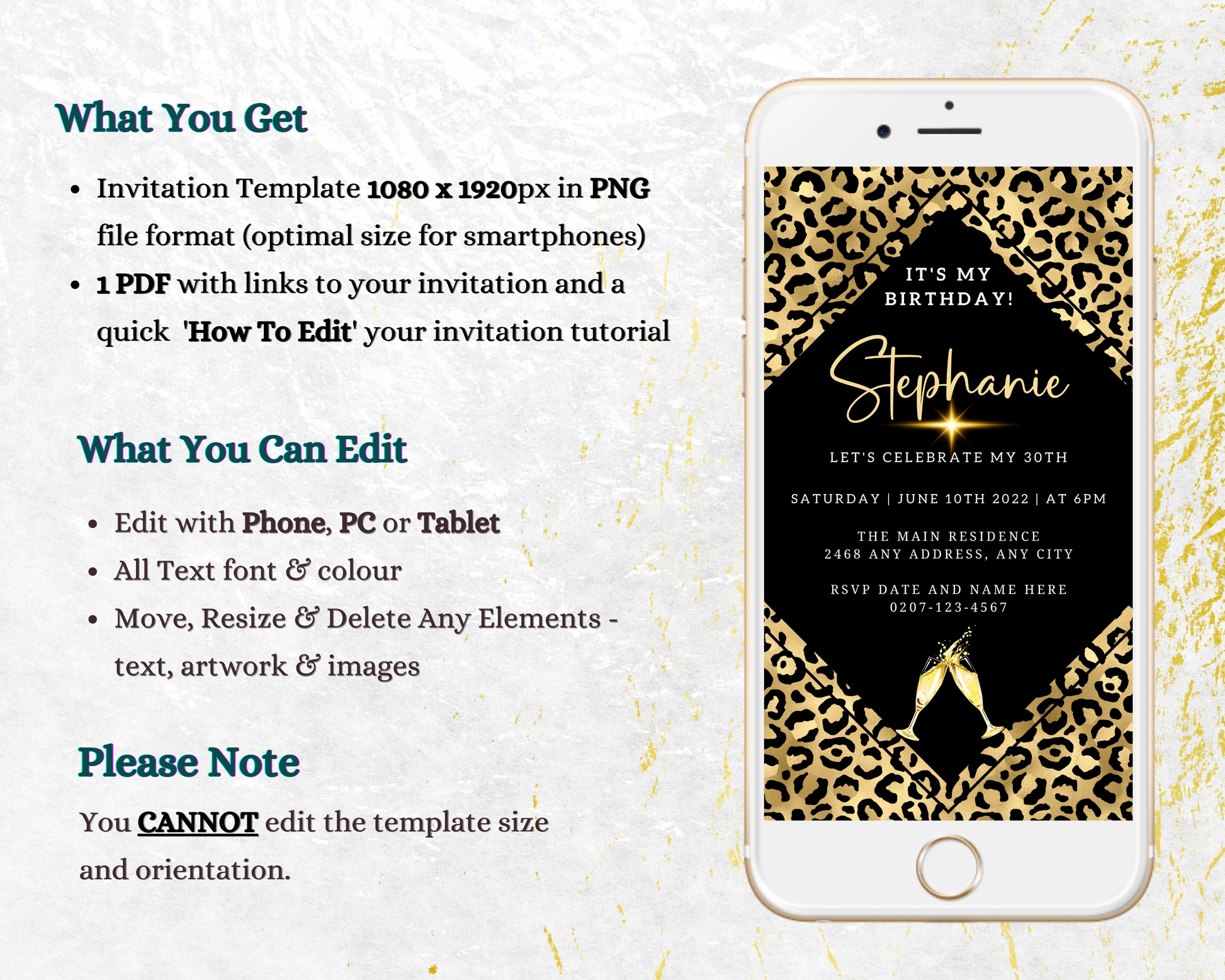 Gold Black Leopard Animal Print Customisable Party Evite displayed on a smartphone, featuring editable text and design for digital invitations.