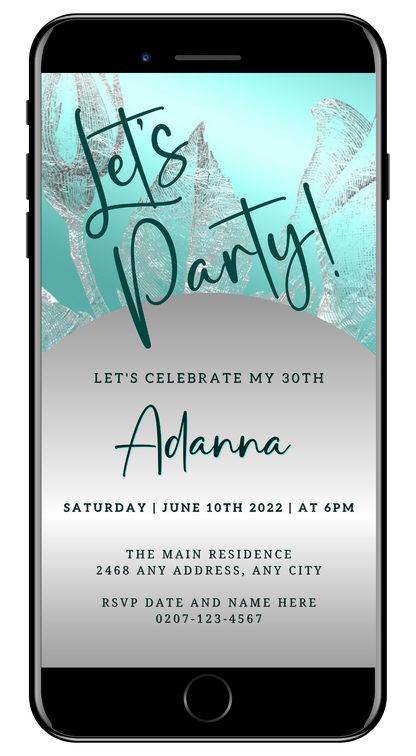 Elegant Teal Silver customisable digital party evite displayed on a smartphone screen, featuring editable text and design elements for easy personalization via Canva.