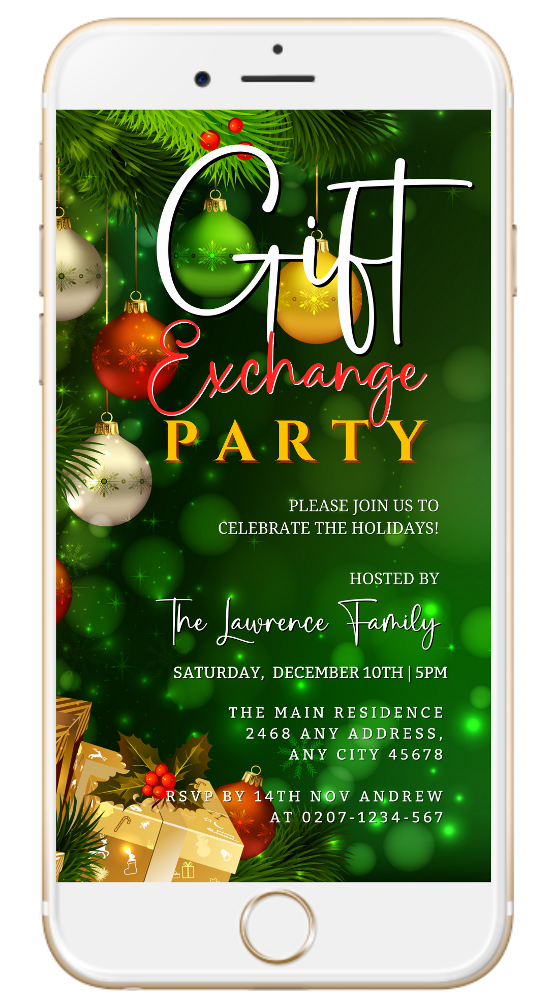 Smartphone displaying an editable digital invitation template for a Green Yellow Red Presents | Gift Exchange Party Evite, customizable via Canva for easy event detail personalization.