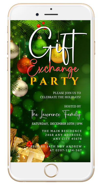 Smartphone displaying an editable digital invitation template for a Green Yellow Red Presents | Gift Exchange Party Evite, customizable via Canva for easy event detail personalization.