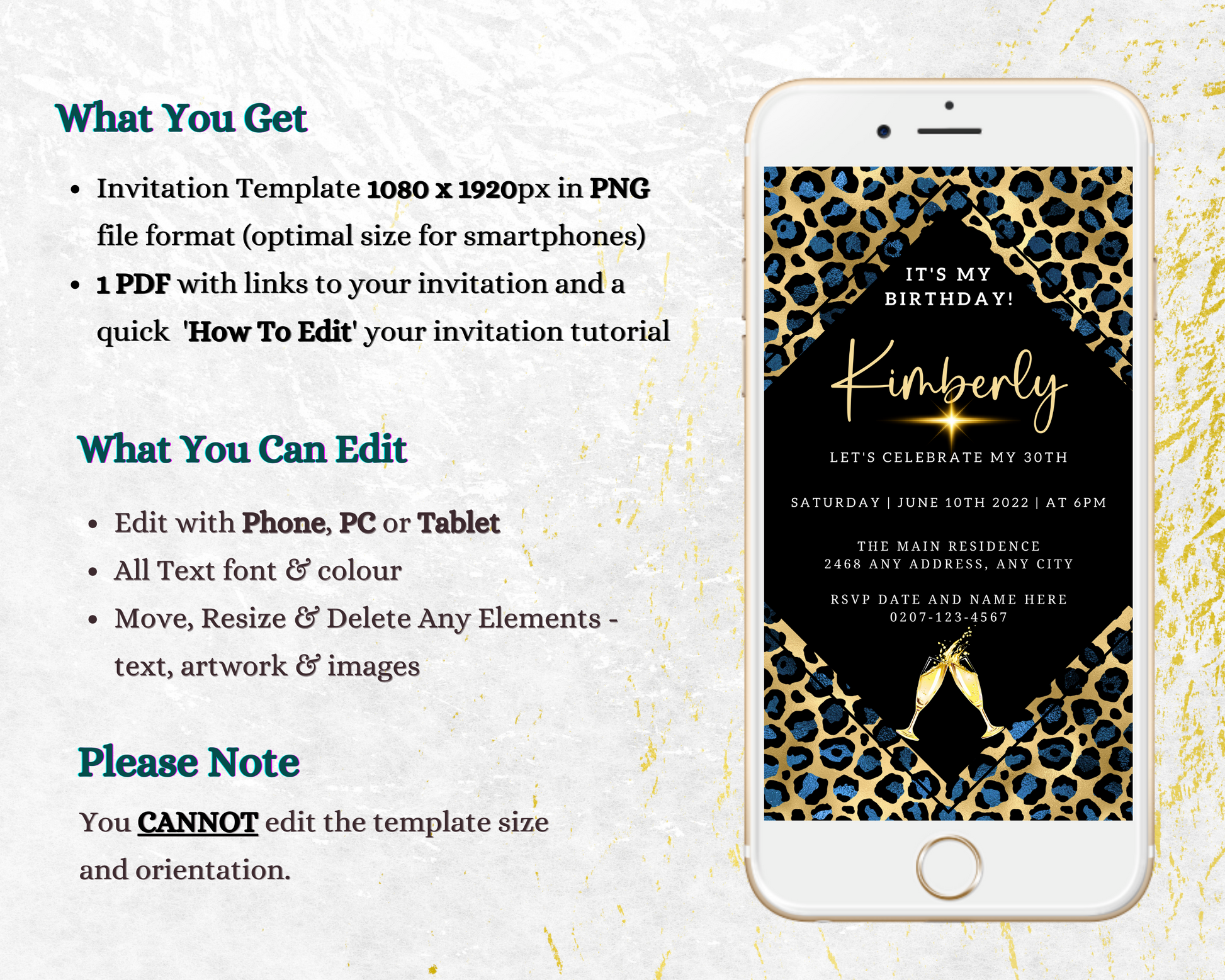 Editable Blue Gold Leopard Animal Print Party Evite displayed on a smartphone, showcasing customizable invitation template for digital sharing via text, email, and social media.