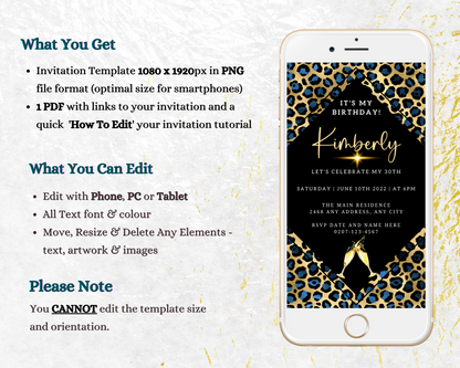 Editable Blue Gold Leopard Animal Print Party Evite displayed on a smartphone, showcasing customizable invitation template for digital sharing via text, email, and social media.