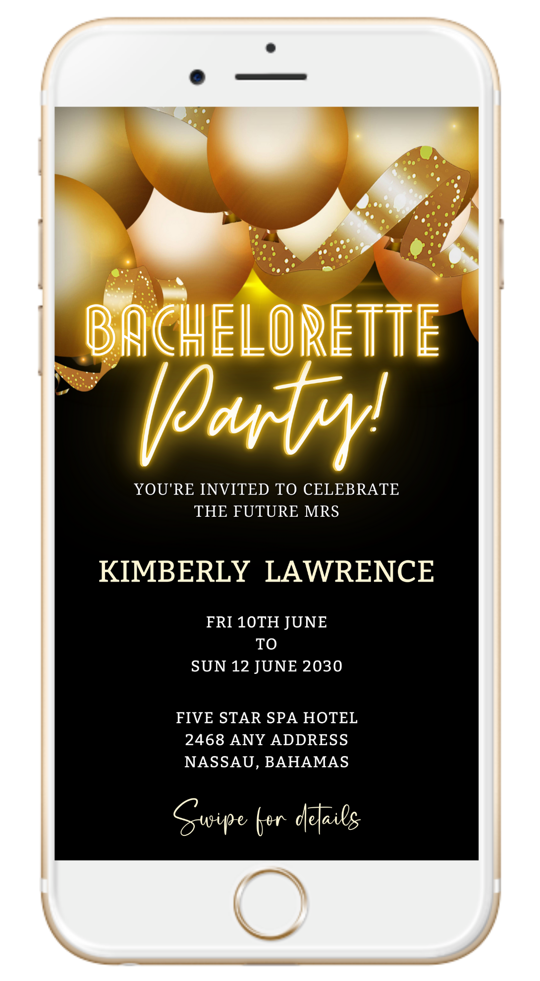 Customizable digital invitation template for bachelorette weekend with gold floating balloons on a black background, editable via Canva for smartphones.