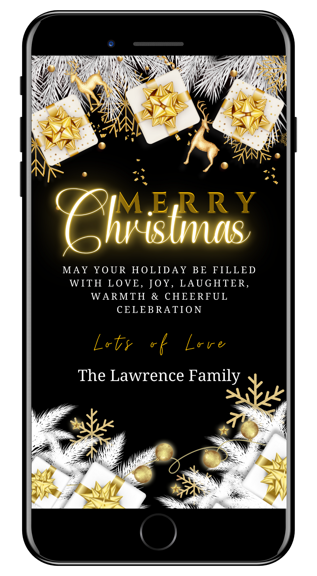 Neon White Gold Merry Christmas Ecard with editable gold text