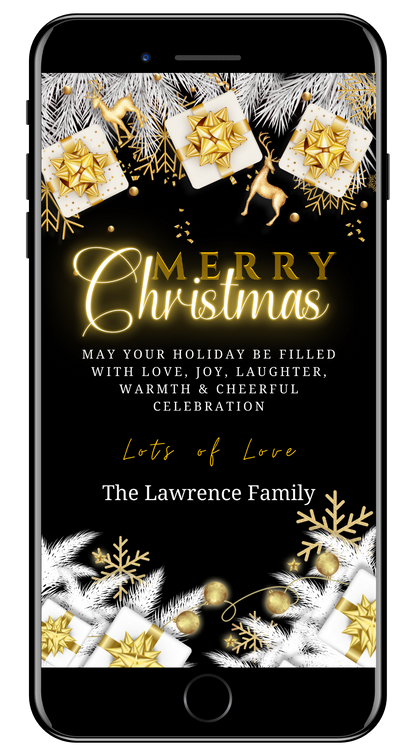 Neon White Gold Merry Christmas Ecard for smartphones, featuring editable gold text on a black background and a white gift box with a gold ribbon.