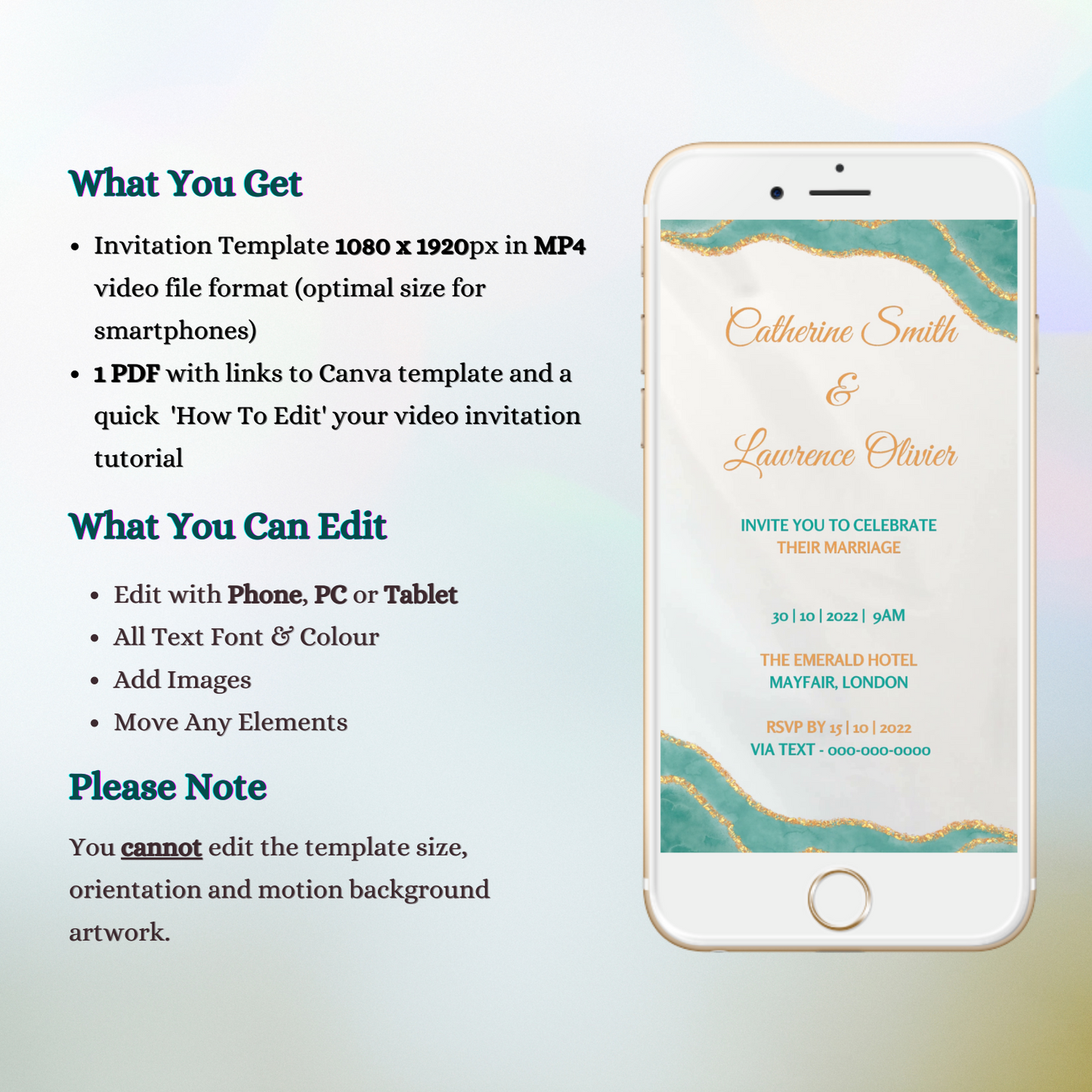 Teal Blue Agate Wedding Video Invitation displayed on a smartphone screen, showcasing customizable text and design elements.