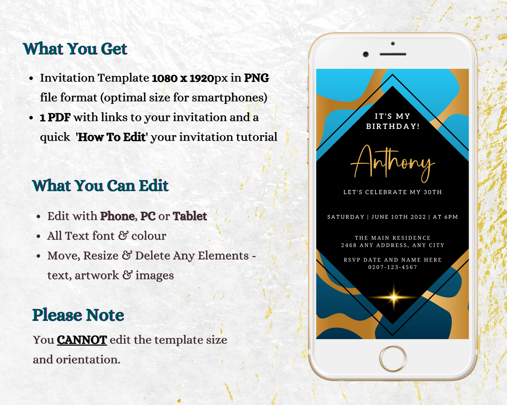 Cellphone displaying Blue Gold Abstract Print | Customisable Party Evite template for personalizing and sending digital invitations via Canva.