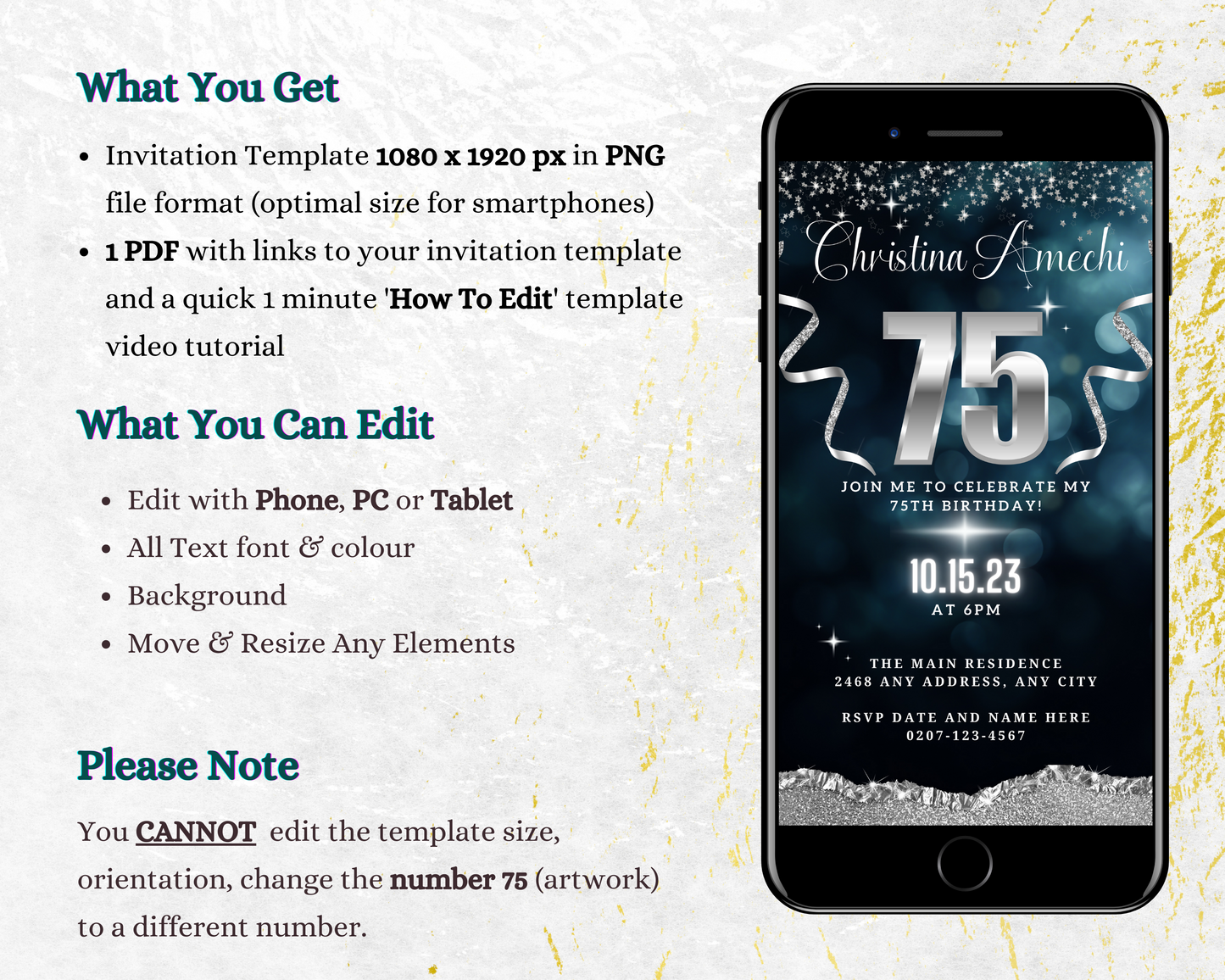 Navy Blue Silver Glitter 75th Birthday Evite displayed on a smartphone screen with custom text and photo, next to a birthday invitation with silver ribbons and stars.