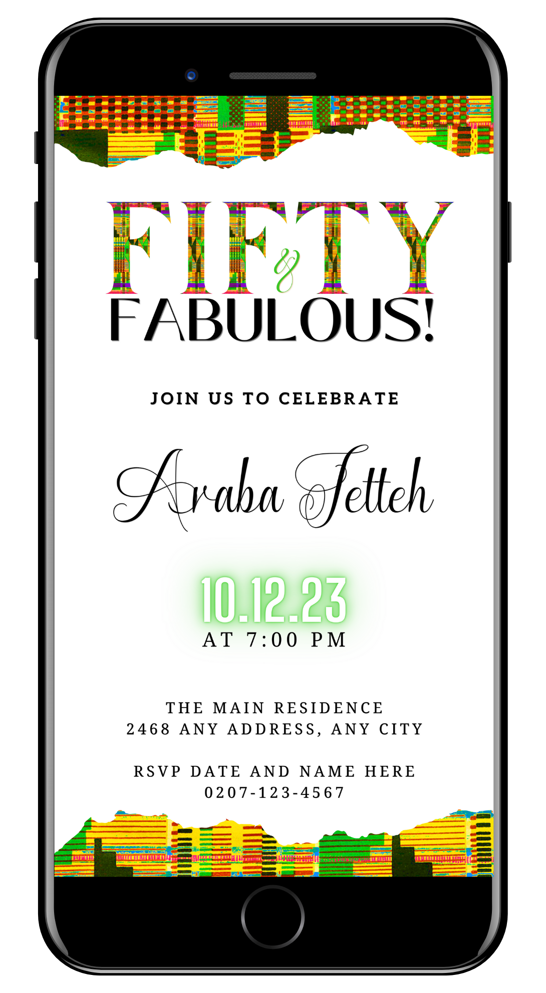 Customizable Digital Green Yellow Kente White | 50 & Fabulous Party Evite displayed on a smartphone screen with editable text and colorful design elements.