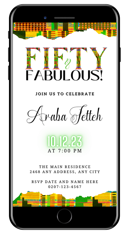 Customizable Digital Green Yellow Kente White | 50 & Fabulous Party Evite displayed on a smartphone screen with editable text and colorful design elements.