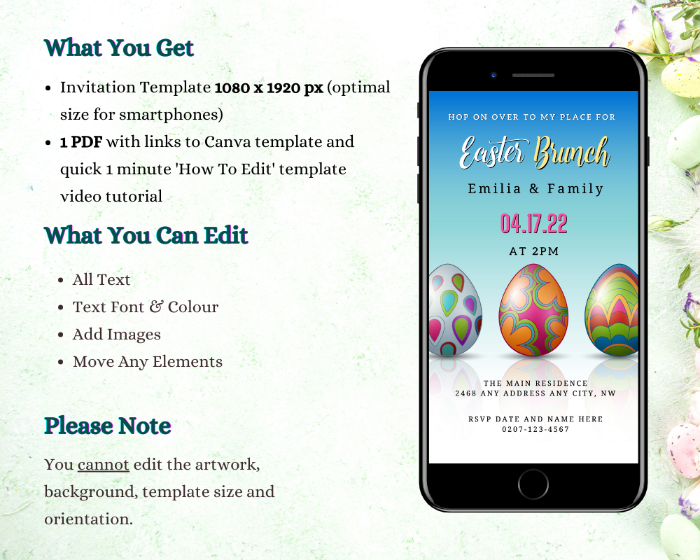 Retro Colourful Easter Eggs | Easter Brunch Party Evite displayed on a smartphone screen with editable text and patterns for customization.