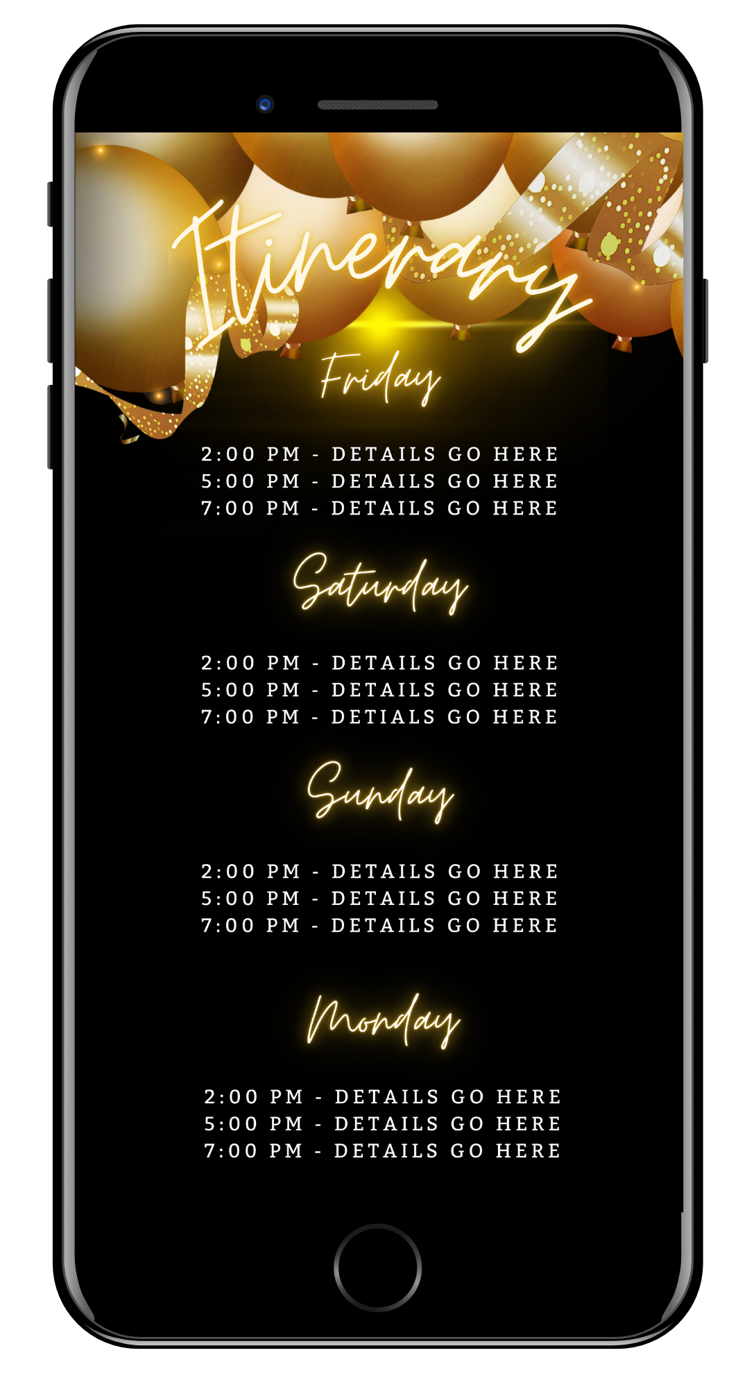 Phone screen displaying a customizable Black Neon Gold Balloons | 7 Day Getaway Birthday Evite template for digital invitations.