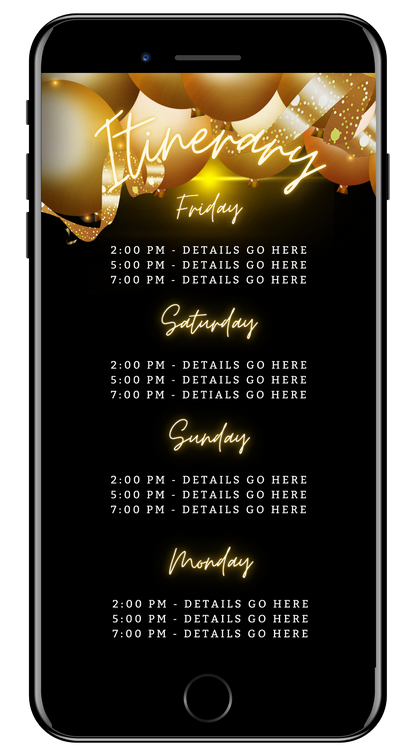 Phone screen displaying a customizable Black Neon Gold Balloons | 7 Day Getaway Birthday Evite template for digital invitations.