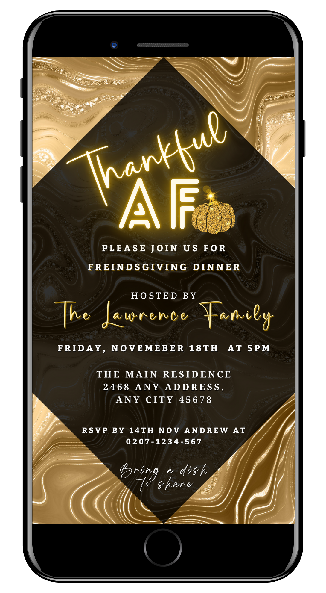 Gold Pumpkin Glitter Foil | Thankful AF Thanksgiving Evite displayed on a smartphone screen next to a black and gold invitation.