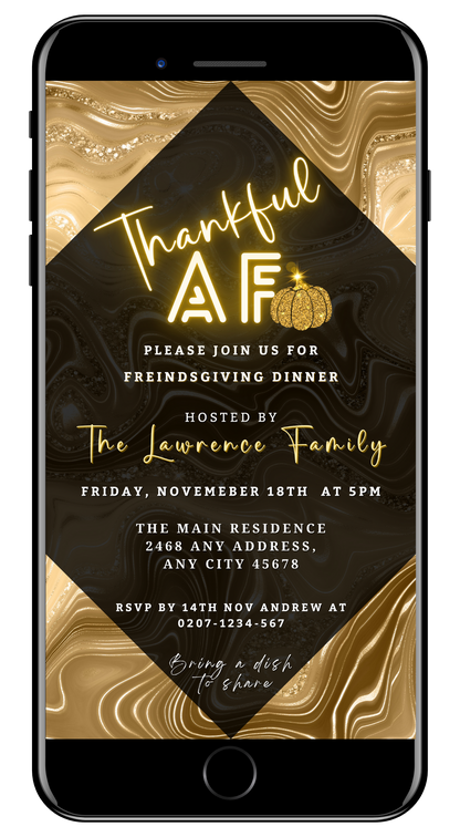 Gold Pumpkin Glitter Foil | Thankful AF Thanksgiving Evite displayed on a smartphone screen next to a black and gold invitation.