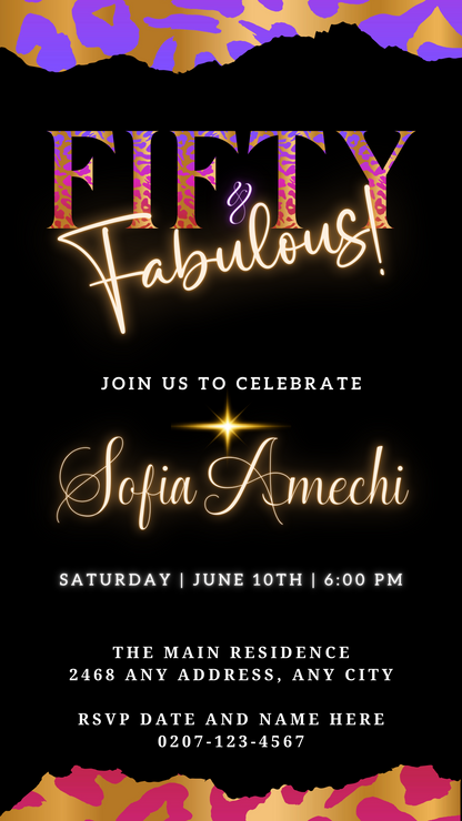 Purple Pink Gold Neon | Fifty & Fabulous Party Evite with customizable text on a black background and star accents.