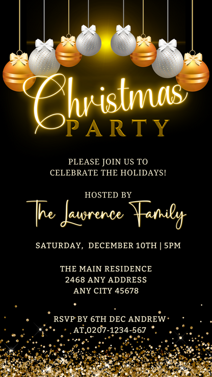 Black and gold digital Christmas party evite with festive balloons and editable gold letters, designed for easy customization via Canva on any device.