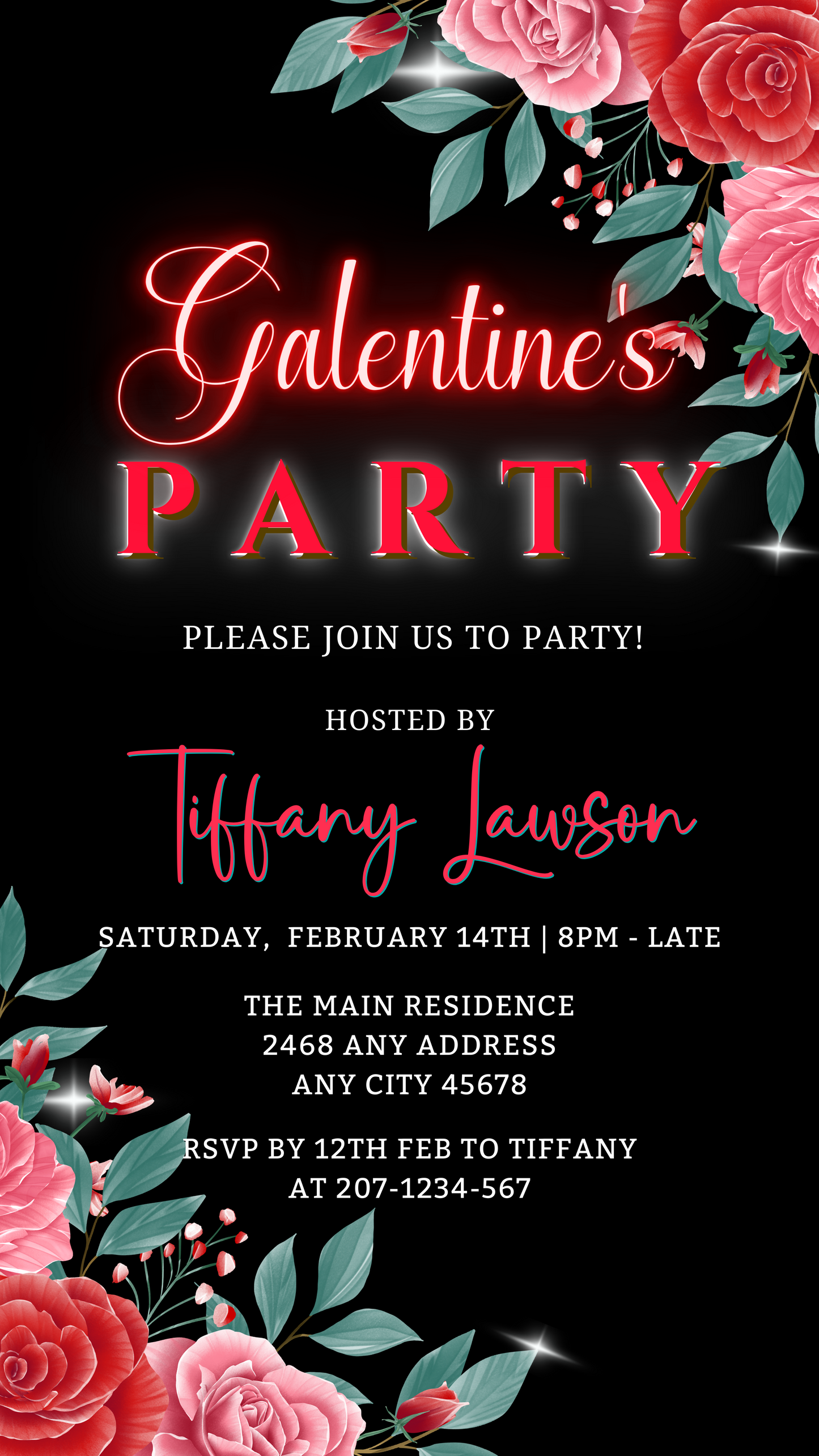 Red Teal Floral Rose Galentines Party Evite featuring black and red design with pink flowers, customizable via Canva for digital invitations.