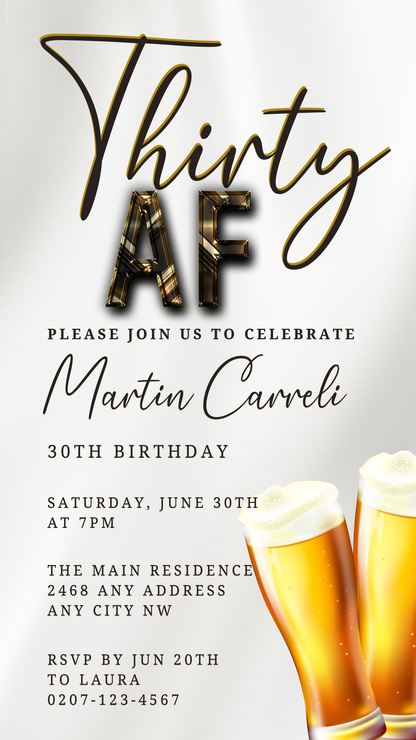 White Gold Beer | Thirty AF Party Evite featuring two glasses of beer, customizable digital invitation for birthdays and parties, editable via Canva.