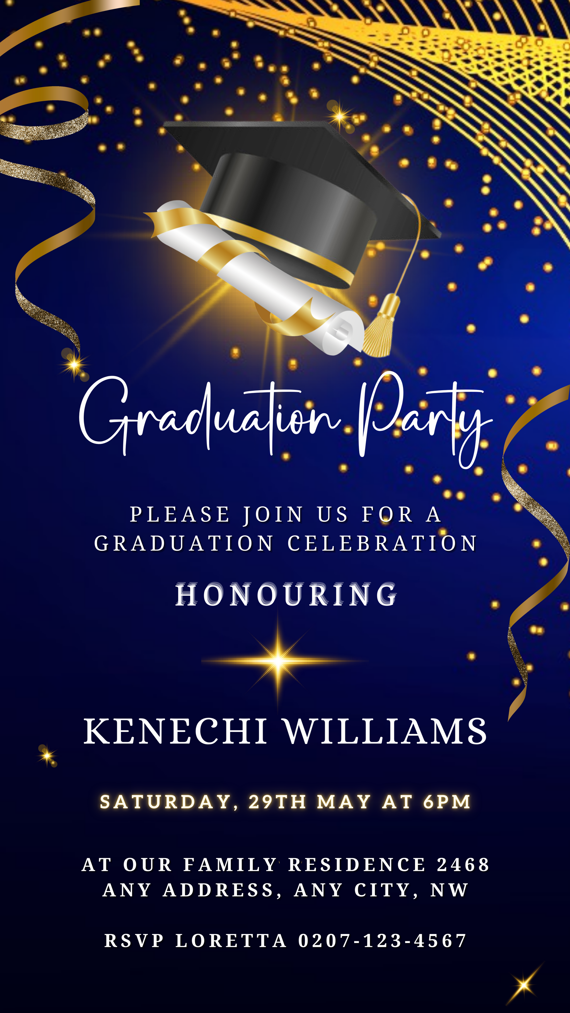 Blue & Gold Graduation Party Invitation - Customisable Template featuring a graduation cap and diploma design, ideal for personalisation via Canva for a memorable celebration.