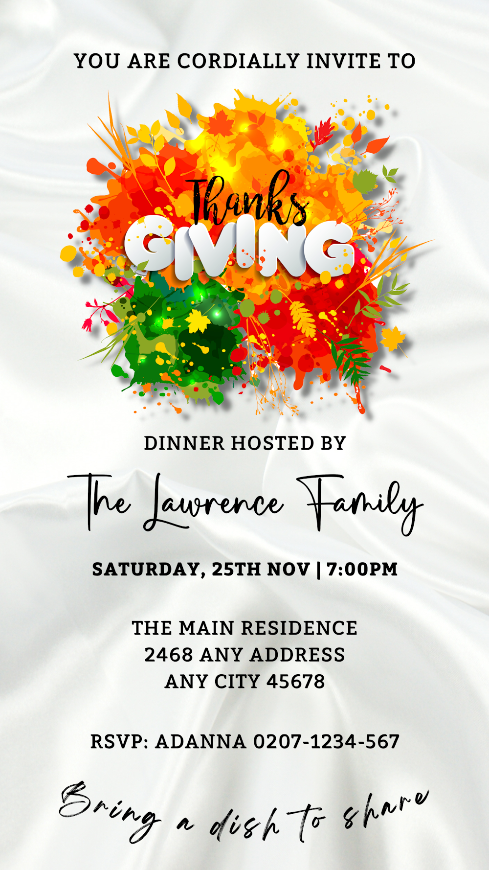 Thanksgiving Dinner Evite featuring colorful splashes, editable text, and autumn leaves, customizable via Canva for electronic sharing.