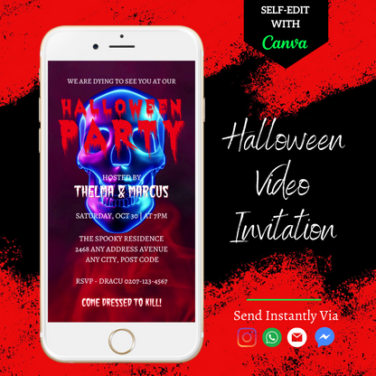 Blue Smoking Neon Skull Halloween Party Video Invite displayed on a white phone, showcasing customizable digital invitation with spooky theme and editable text via Canva app.