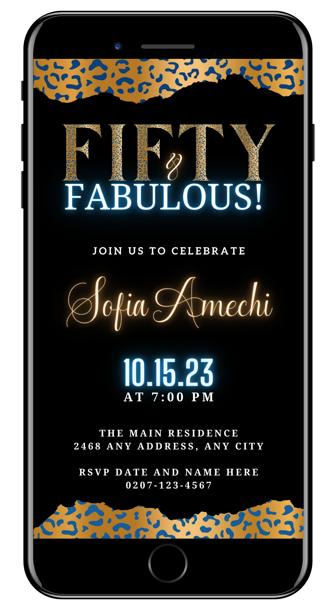 Customizable digital invitation for a 50 & Fabulous party, featuring gold, blue, and black leopard print. Editable via Canva for smartphone use.