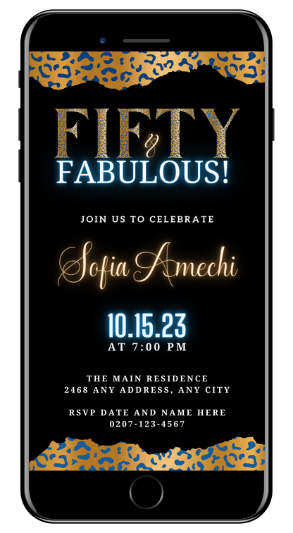 Customizable digital invitation for a 50 & Fabulous party, featuring gold, blue, and black leopard print. Editable via Canva for smartphone use.