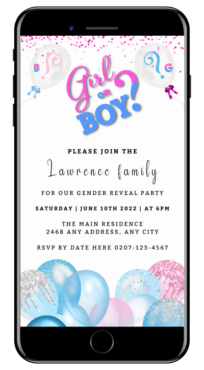Customizable Digital Gender Reveal Evite displayed on a smartphone screen, featuring blue and pink balloons and editable event details.