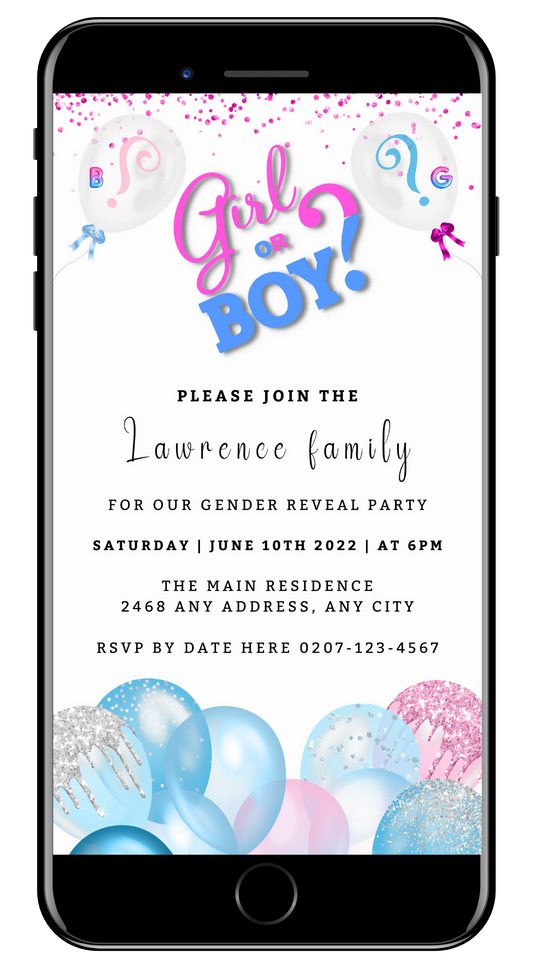 Customizable Digital Gender Reveal Evite displayed on a smartphone screen, featuring blue and pink balloons and editable event details.