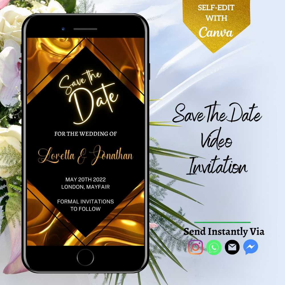 Gold Black Diamond customizable video invitation for smartphones, featuring sleek black and gold design. Editable in Canva, perfect for various events.