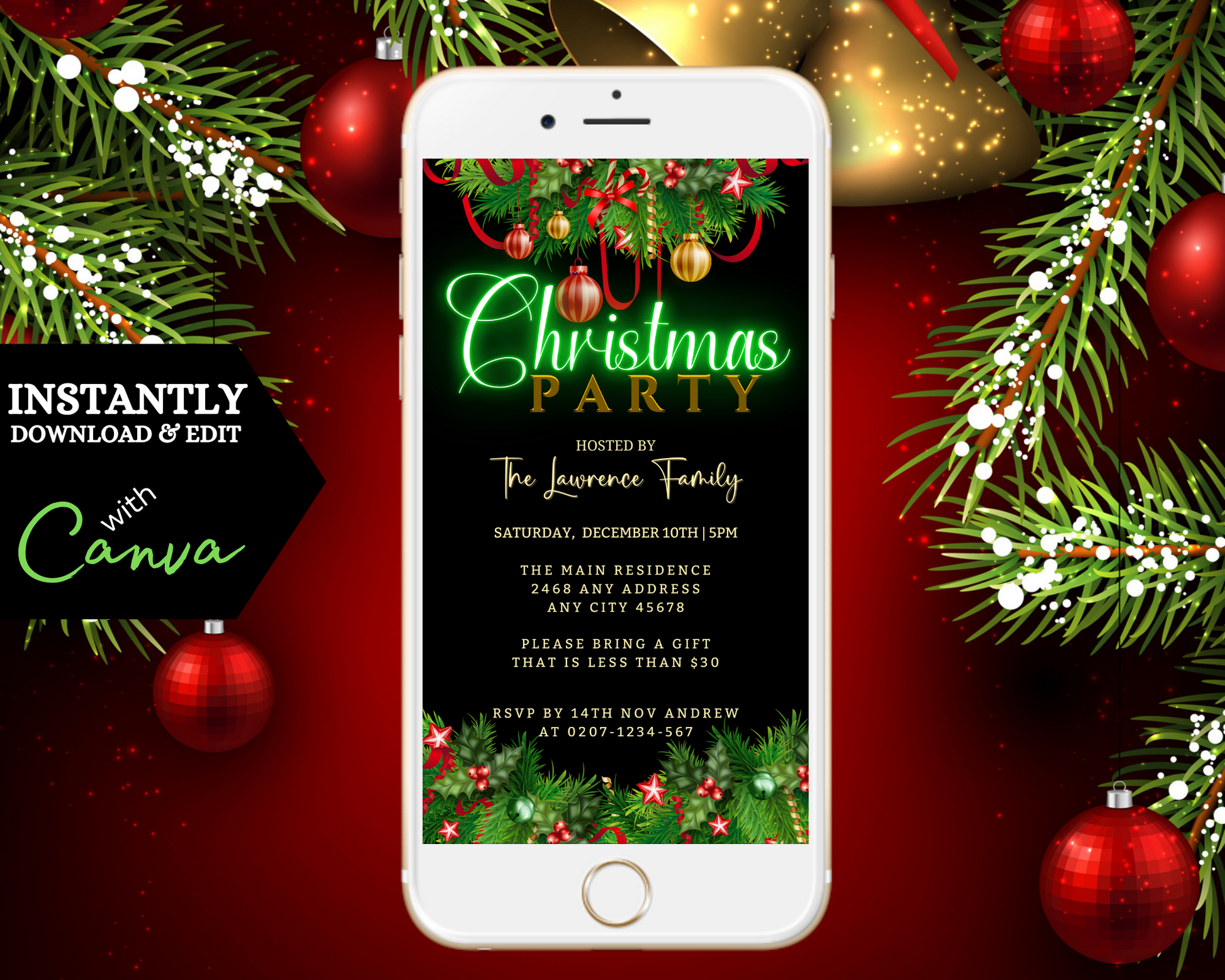 Green Neon Ornaments Border Christmas Party Evite displayed on a white cell phone. Editable and customizable invitation template for digital use via Canva.