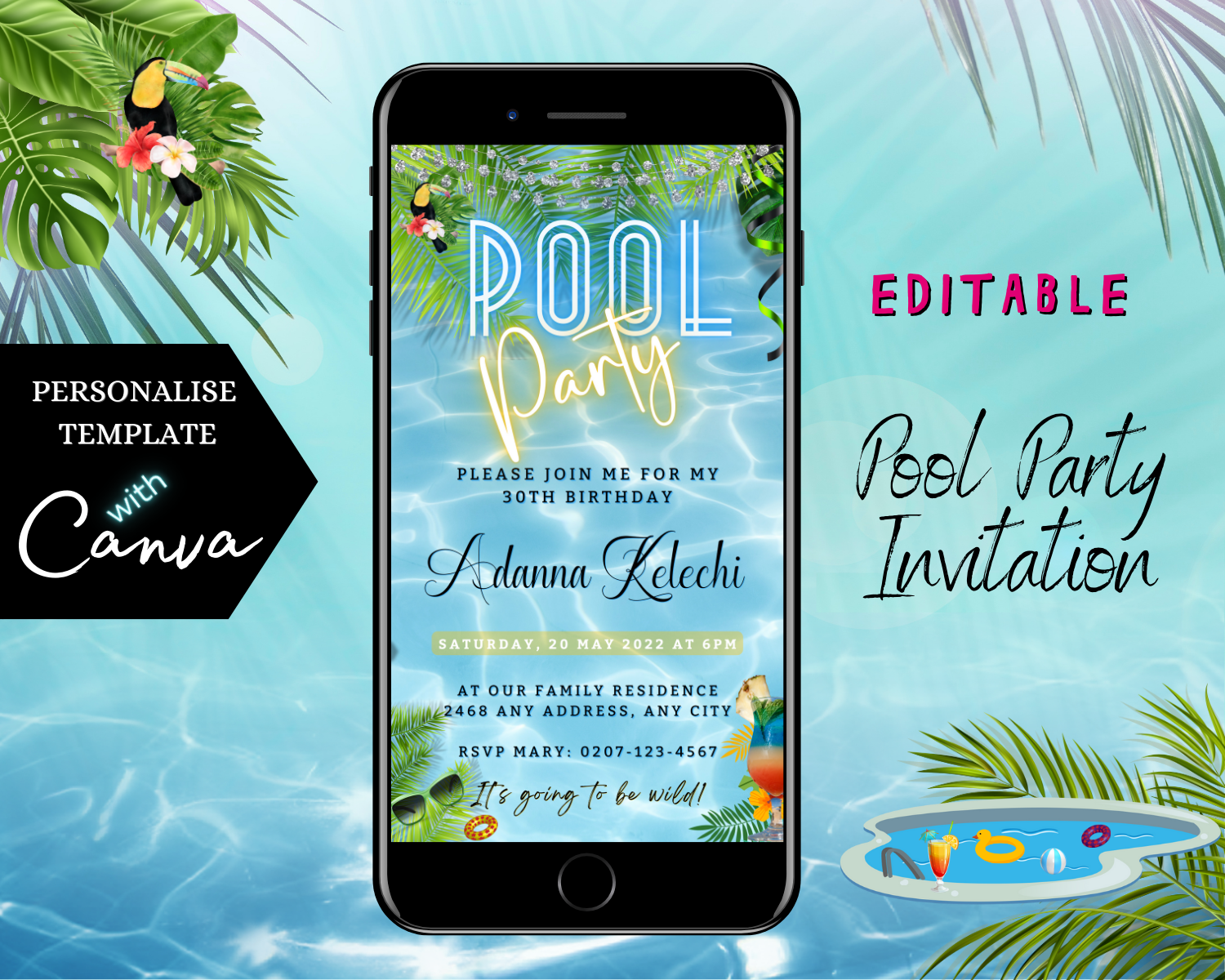 Digital Luau Pool Party Invitation on a smartphone screen. This customizable, eco-friendly template can be edited and shared via text or email using Canva.