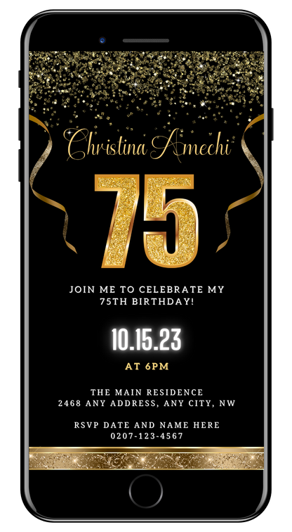 Black Gold Confetti | 75th Birthday Evite with customizable text, glittery gold accents, and gold ribbon on a sleek black background. Downloadable and editable via Canva.