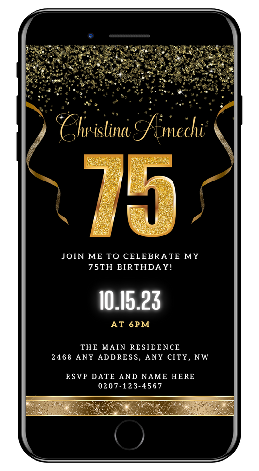 Black Gold Confetti | 75th Birthday Evite with customizable text, glittery gold accents, and gold ribbon on a sleek black background. Downloadable and editable via Canva.