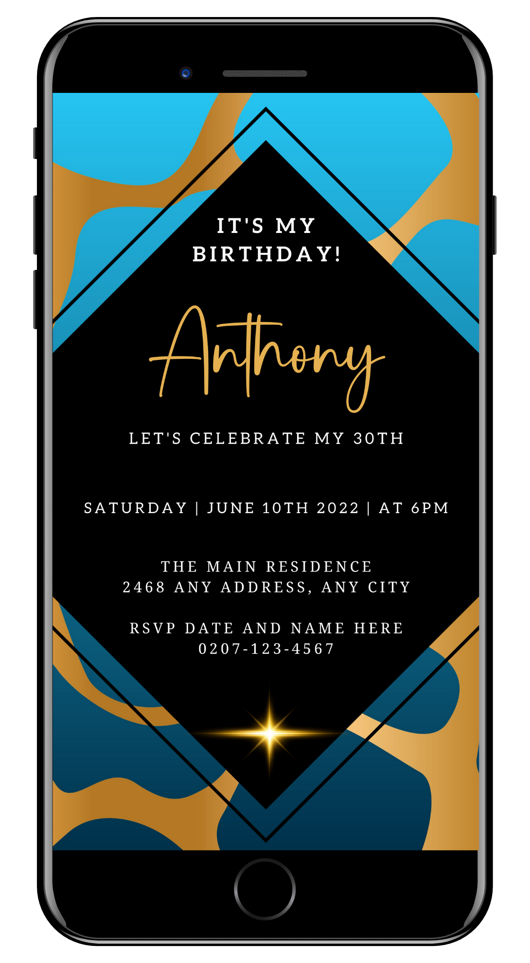 Customisable Blue Gold Abstract Party Evite with editable text and design elements for digital sharing via smartphone, tablet, or PC.