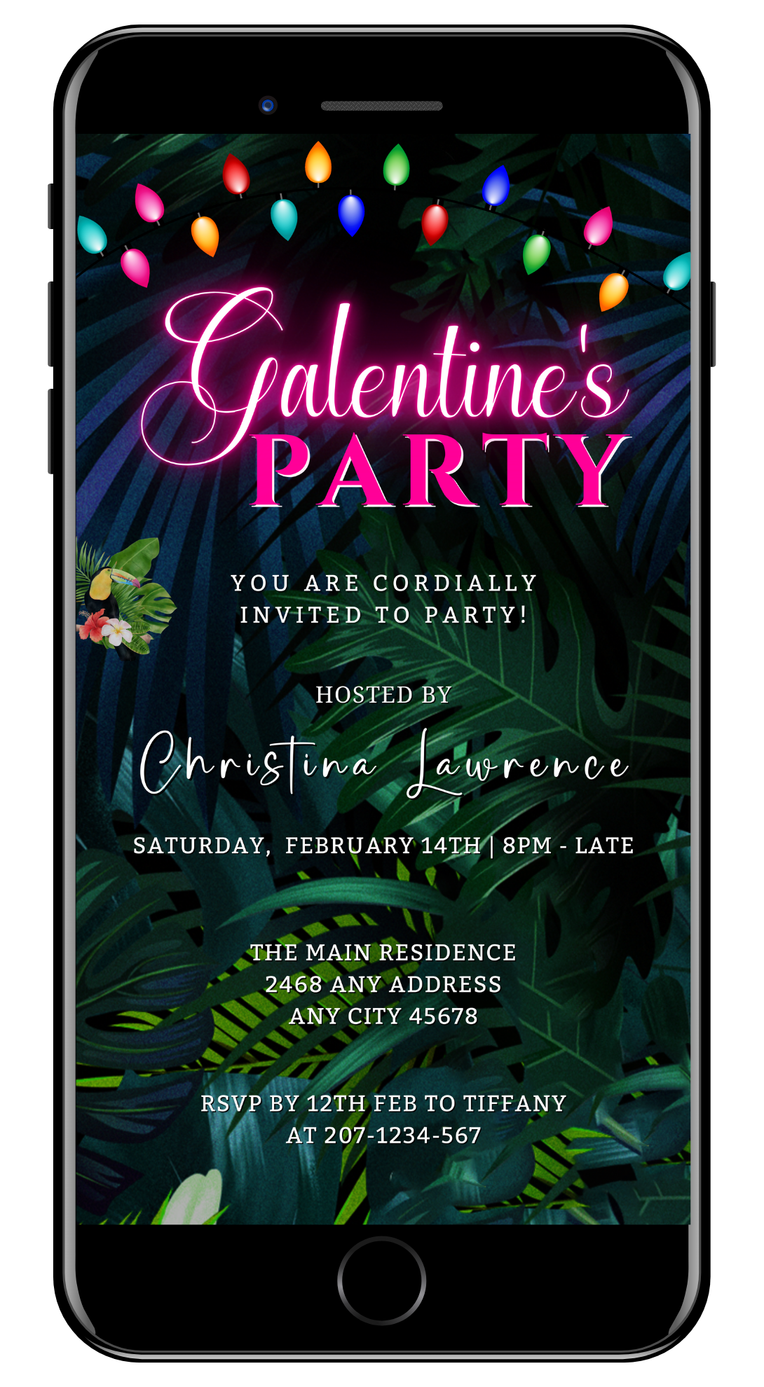 Editable Tropical Neon Pink Galentines Brunch Party Evite displayed on a smartphone screen, featuring neon pink text and design.