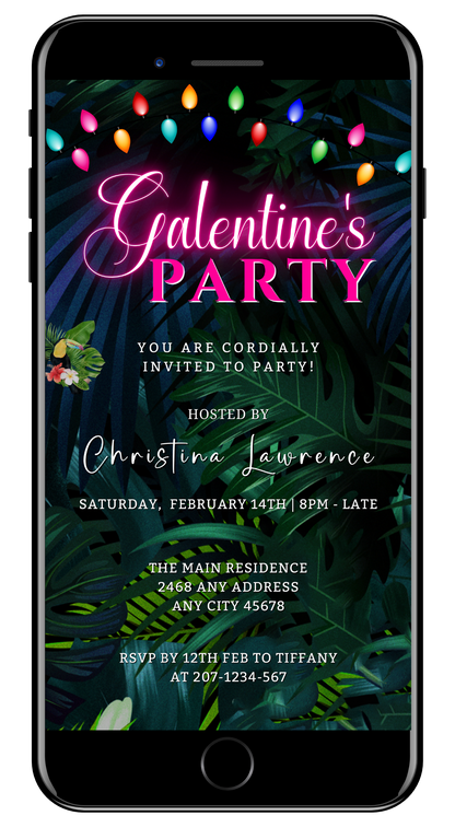 Editable Tropical Neon Pink Galentines Brunch Party Evite displayed on a smartphone screen, featuring neon pink text and design.